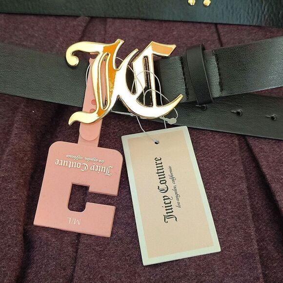 Juicy Couture Black Faux Leather Gold Logo Charmed Waist Belt Med/ Lrg NWT main image 6